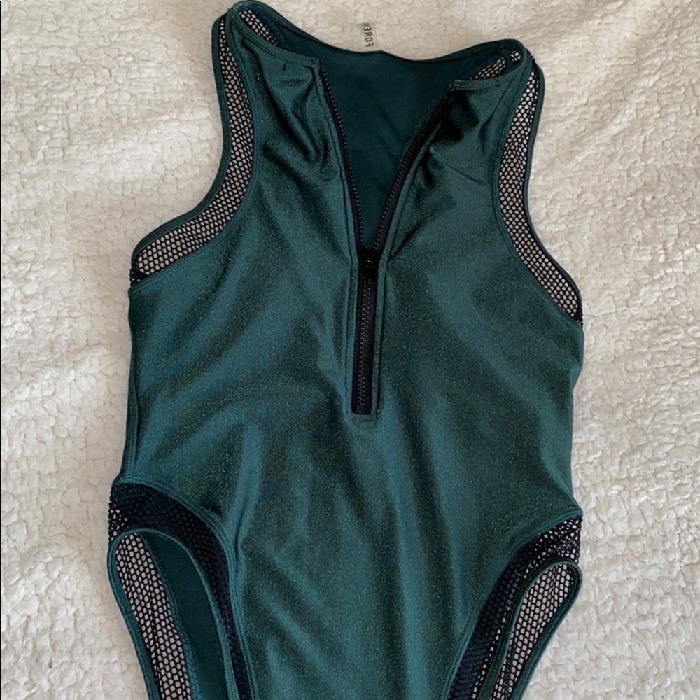 High rise mesh swimsuit olive green zippered swim - Picture 3 of 6